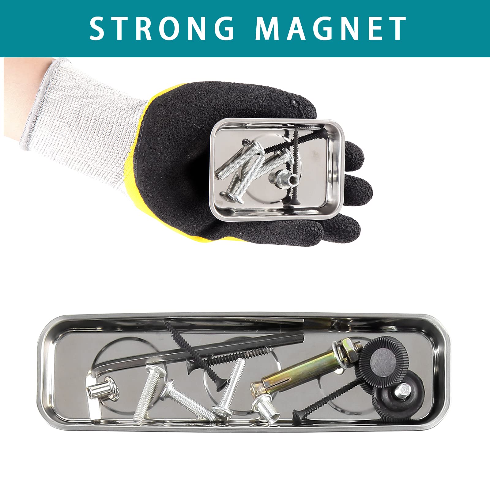 Rechabite tray attached to metal surface keeps tools accessible and organized.