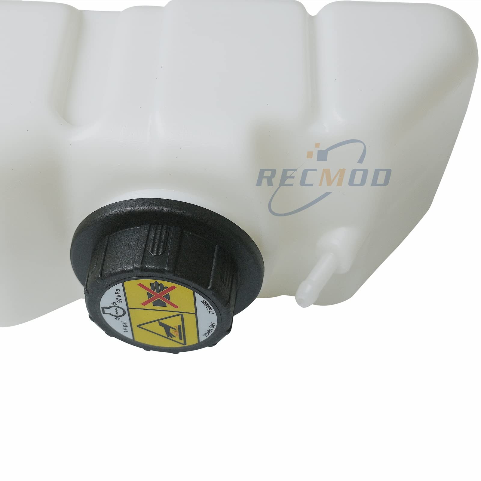 Side view of Recmod coolant tank, compact reservoir for tight engine bays.