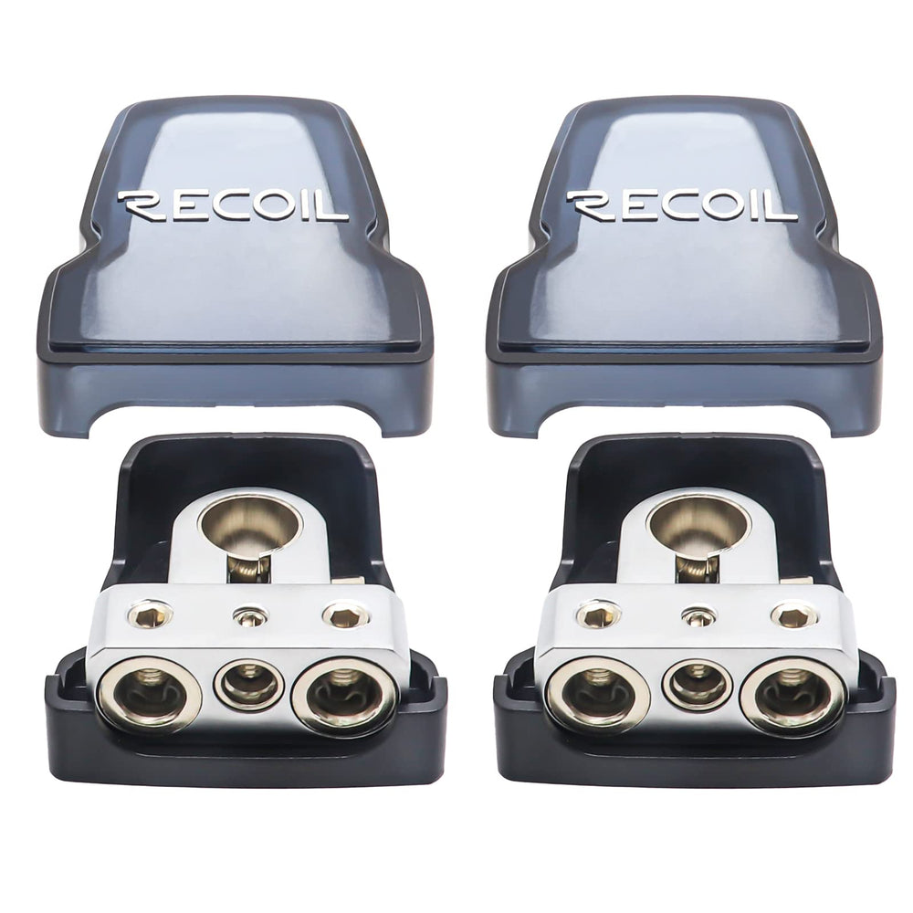 RECOIL PBT-S04 two-pack brass terminal clamps close-up highlighting durable brass construction.