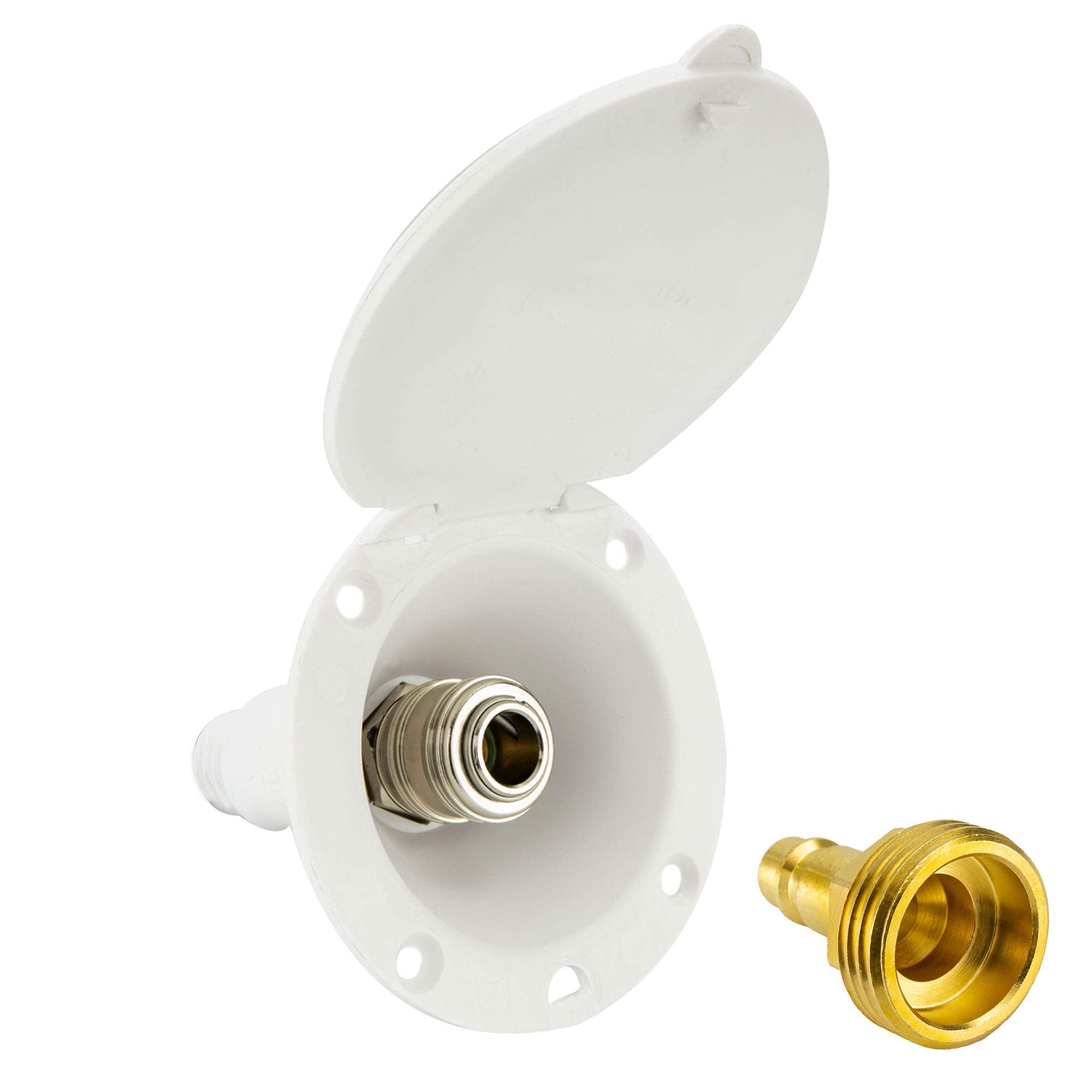 RecPro exterior spray port connector in white for easy outdoor water access