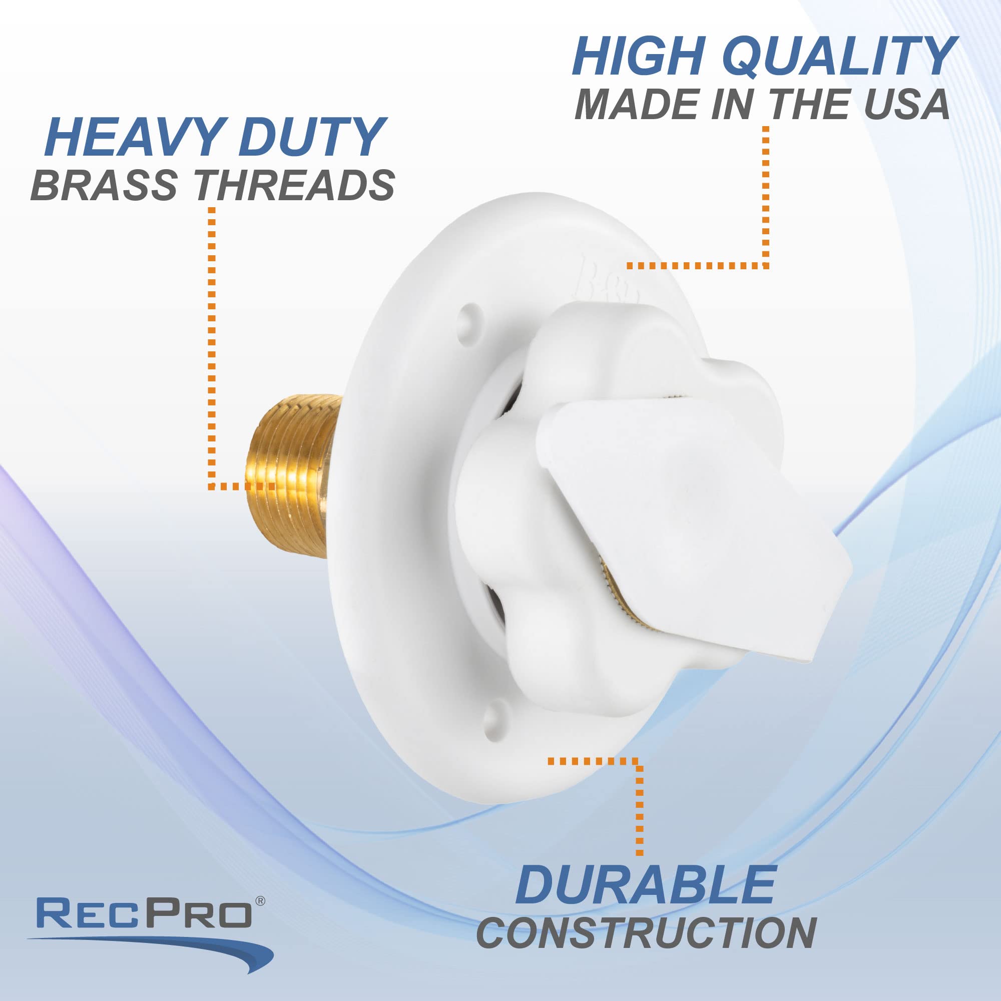 Brass material detail highlights durability for RV water systems.