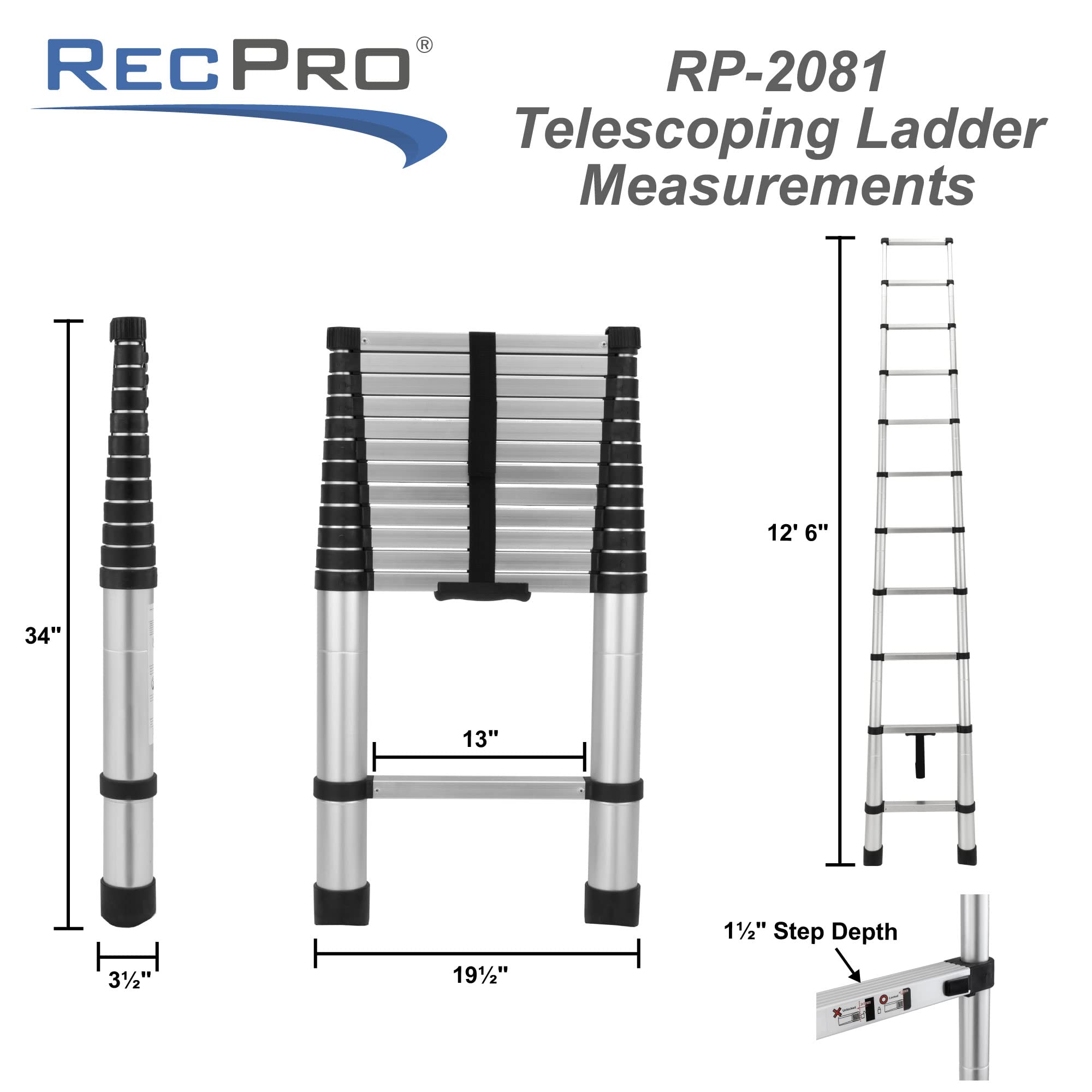 RecPro ladder extends to twelve feet six inches with a 330-pound load capacity