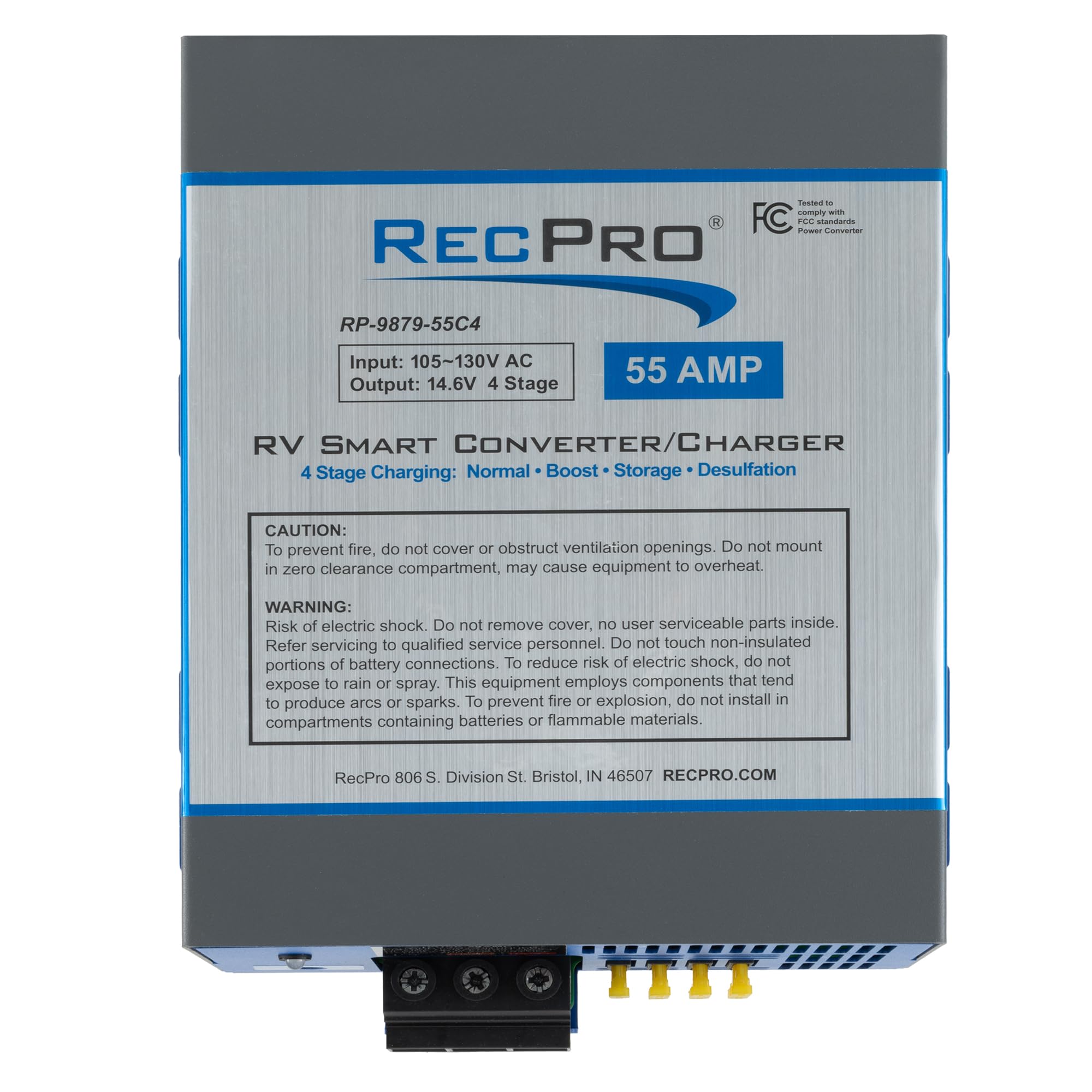 RecPro RV Converter 55 Amp performing 120V to 12V conversion in an RV.