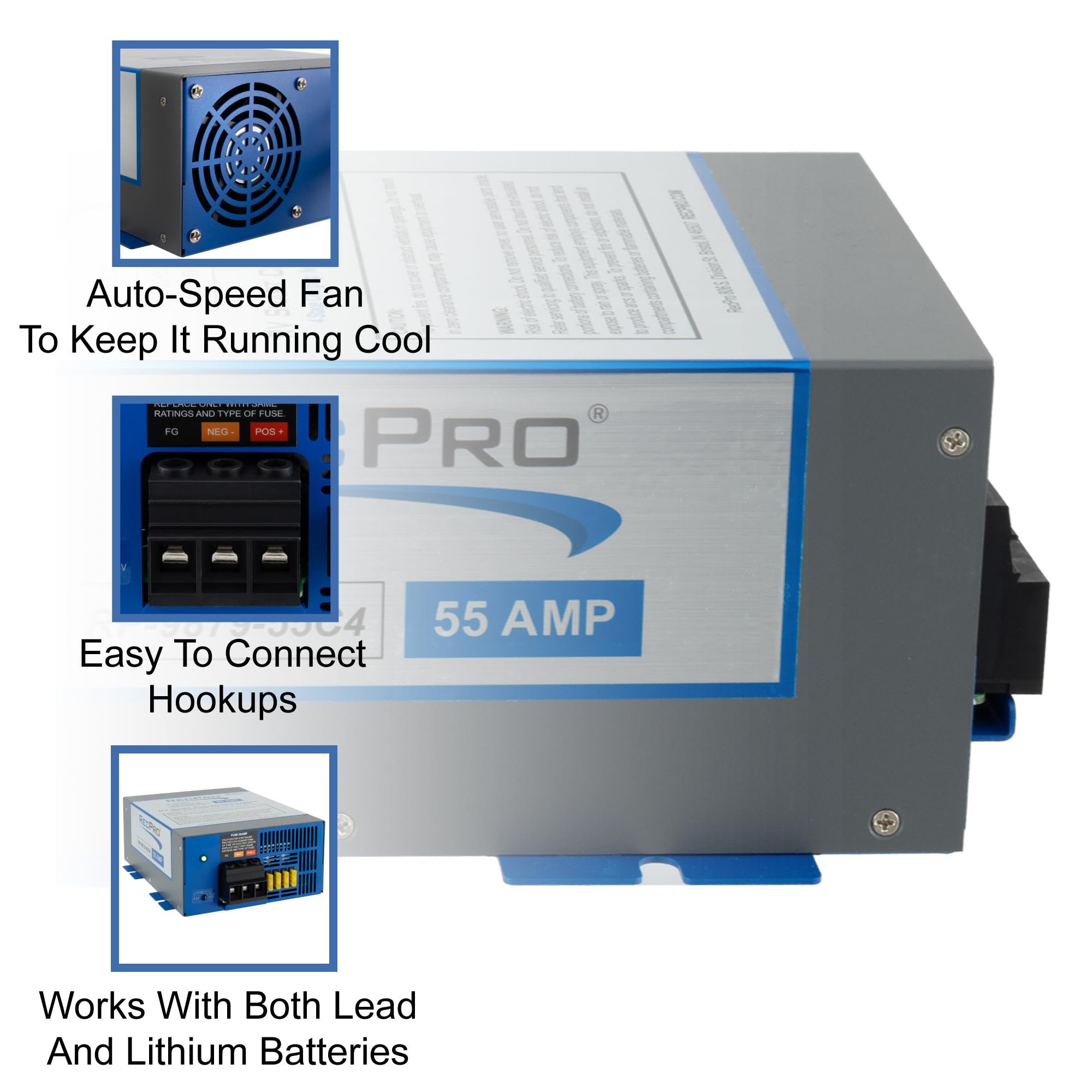 RecPro RV Converter 55 Amp 4-stage charging highlights efficient battery care.