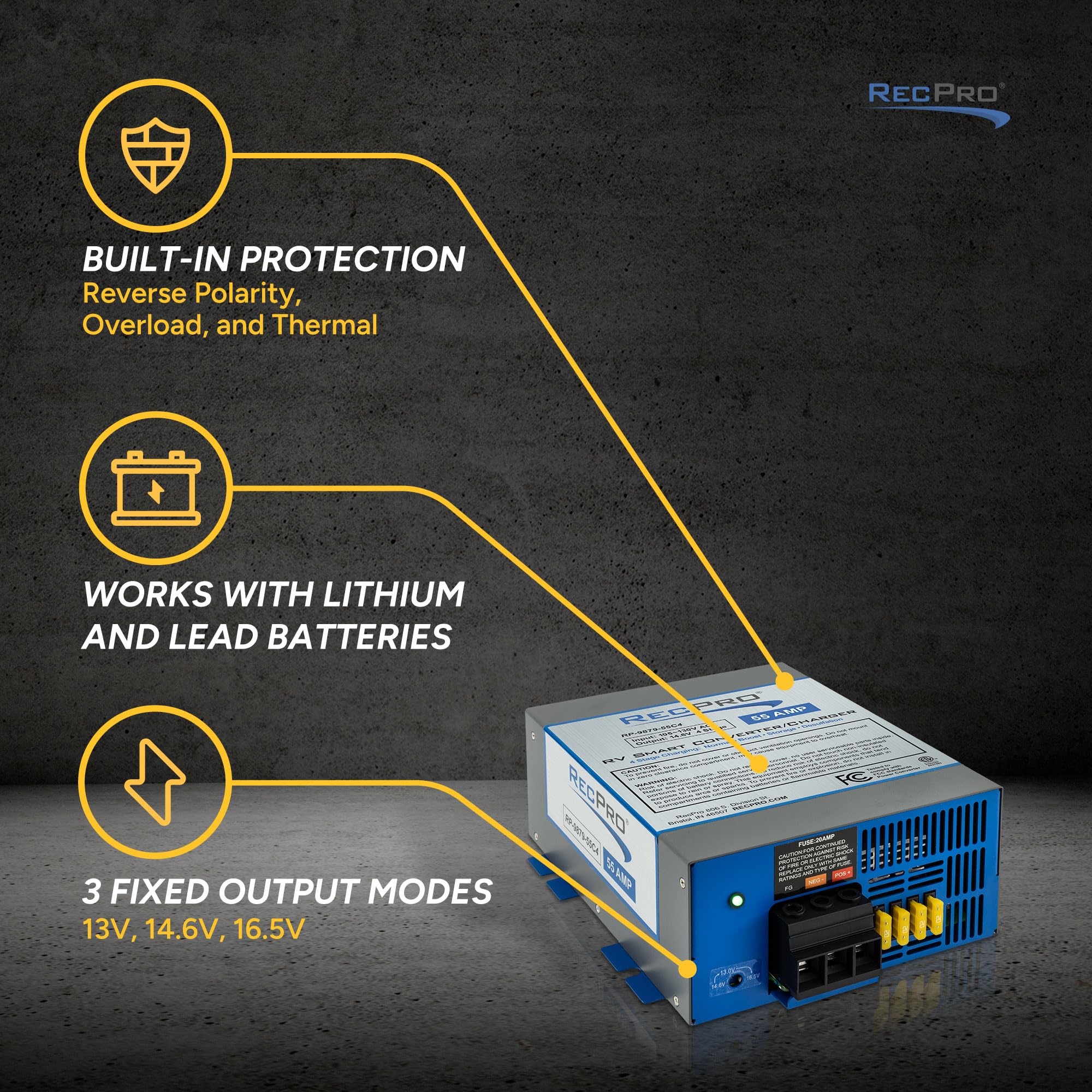 RecPro RV Converter 55 Amp digital display for clear status monitoring.