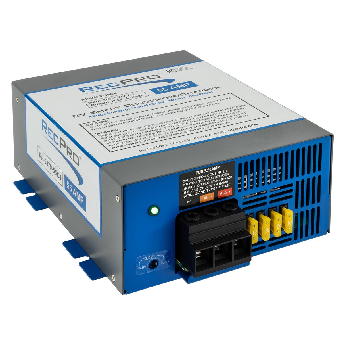 RecPro RV Converter 55 Amp front view, compact design for easy RV installation.