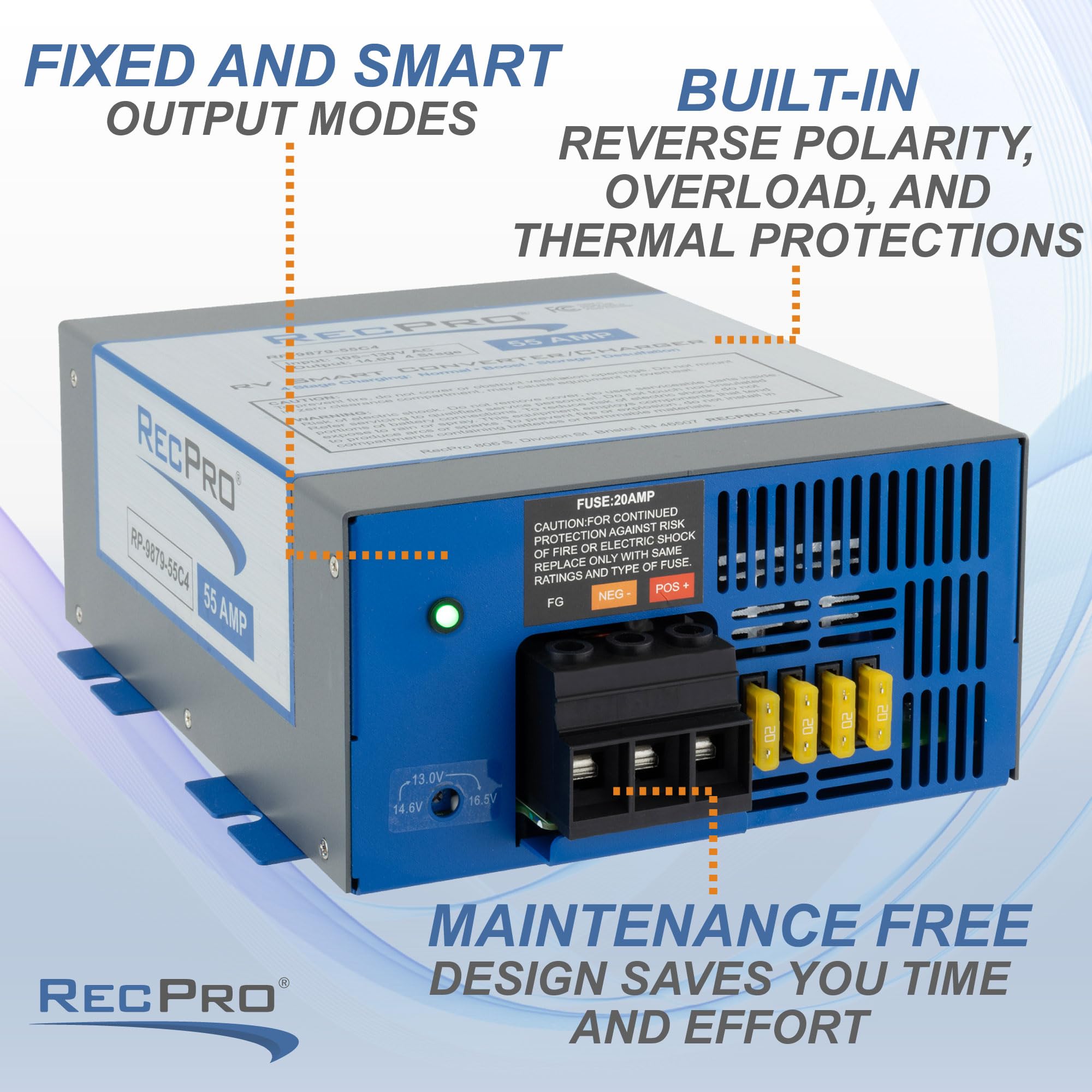 RecPro RV Converter 55 Amp installation wiring in an RV cabinet.
