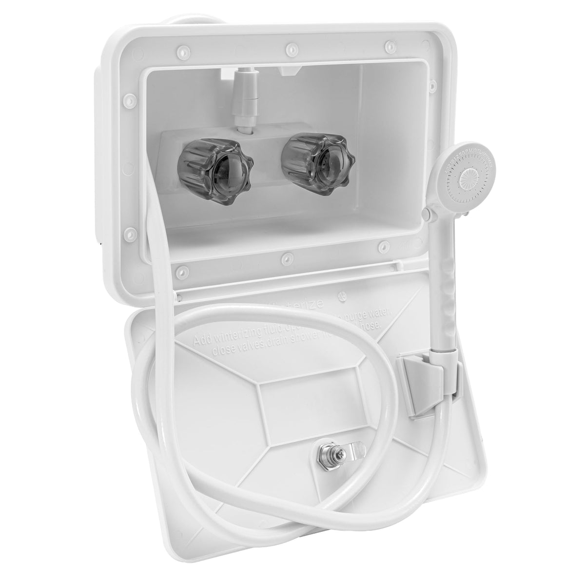 RecPro RV exterior shower box kit front view for easy outdoor rinsing.