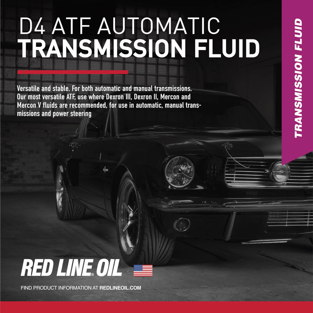 Closeup of Red Line 30504 D4 ATF label showing cross-compatibility notes.
