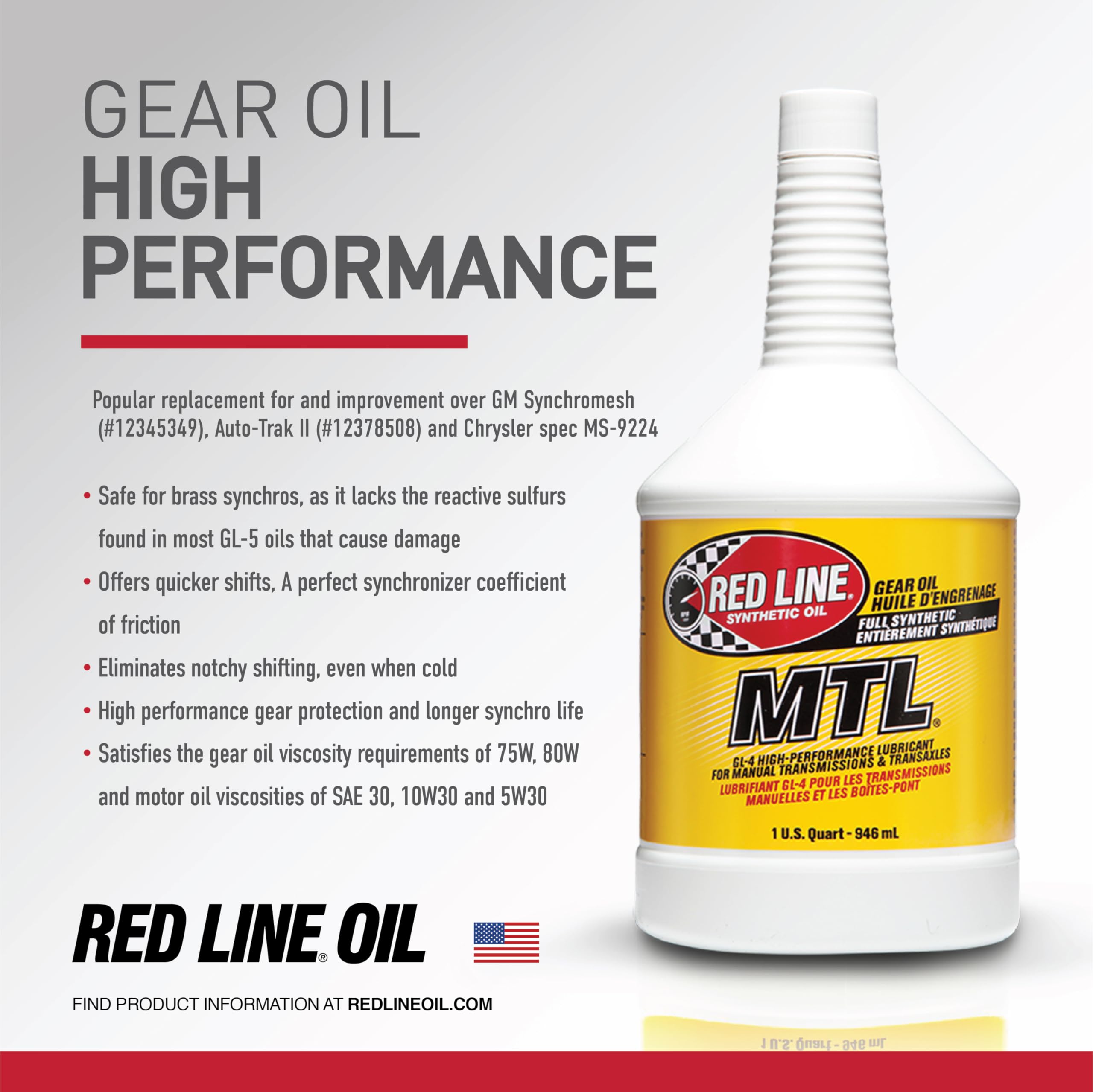 Red Line 50204 label detail highlights GL-4 MTL compatibility for manuals.