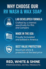 Red White & Shine bucket wash with gentle lather on RV surfaces
