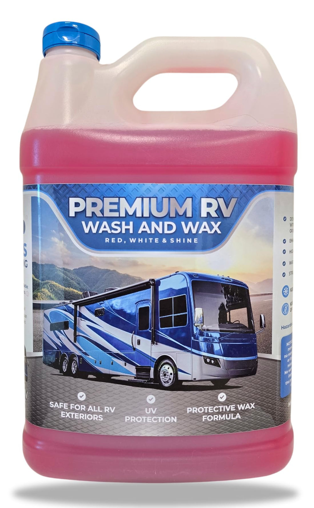 Red White & Shine RV Wash and Wax bottle pour for rich foam and easy rinse