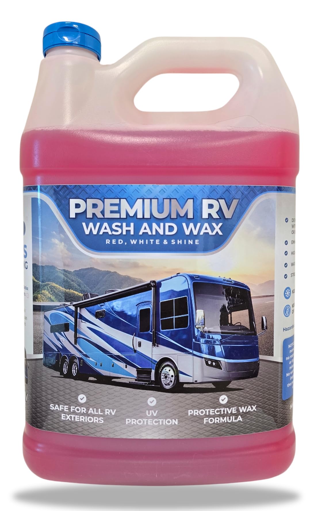 Red White & Shine RV Wash and Wax bottle pour for rich foam and easy rinse