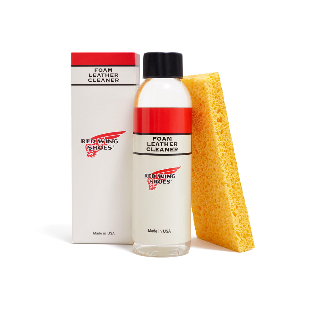 Red Wing Shoes Foam Leather Cleaner bottle for premium leather cleaning and upkeep.