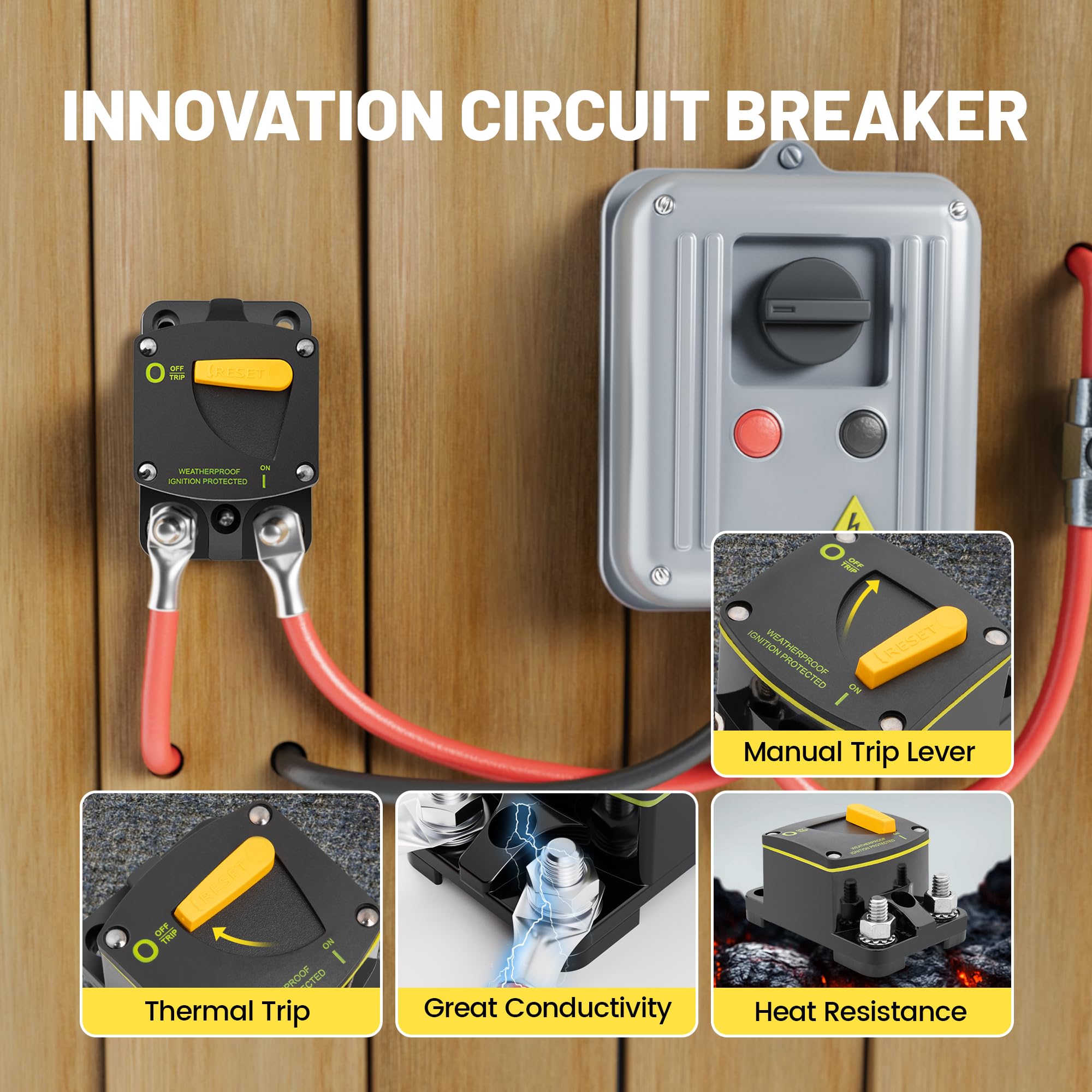 Red Wolf 150A circuit breaker side connection for rugged wiring setups.