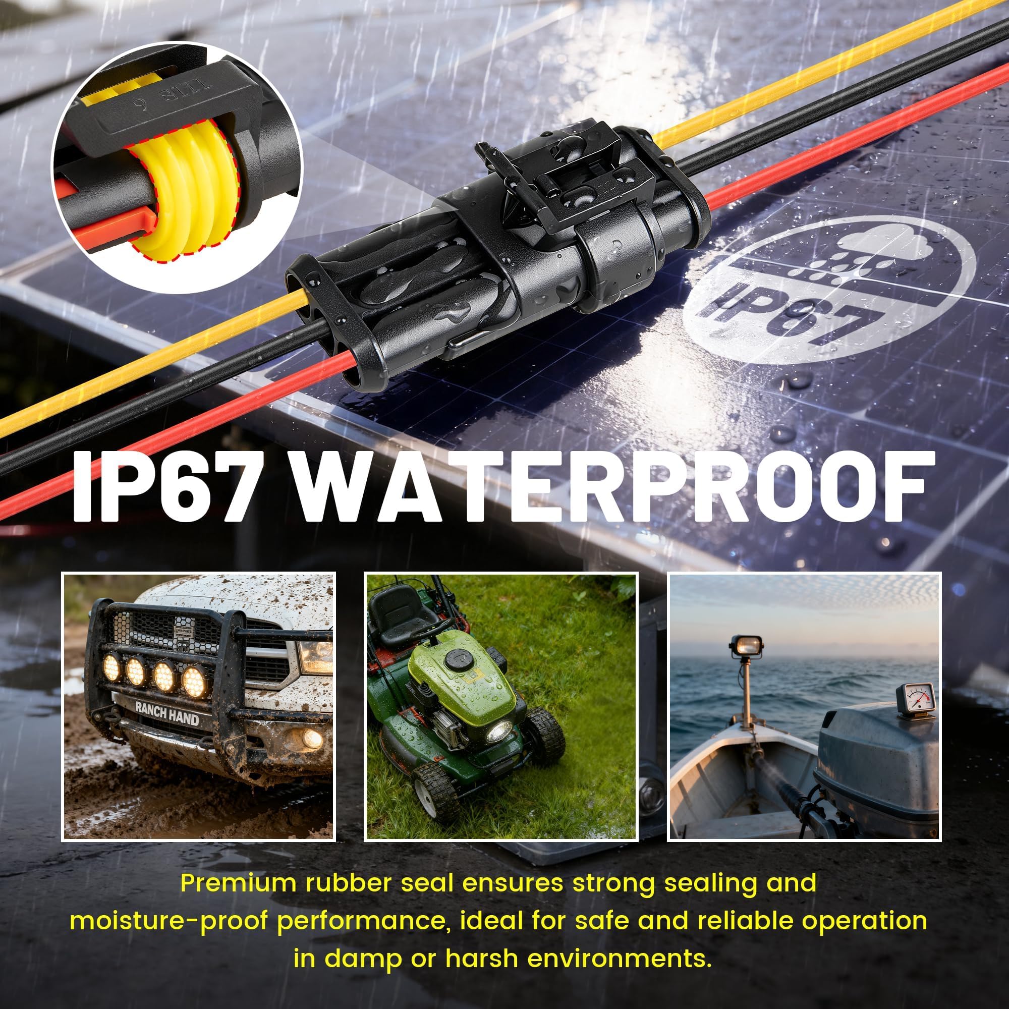 Red Wolf 16AWG 3-Pin waterproof connector side view for under-hood use
