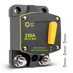 Red Wolf 250A circuit breaker front view shows compact protection for boats and cars