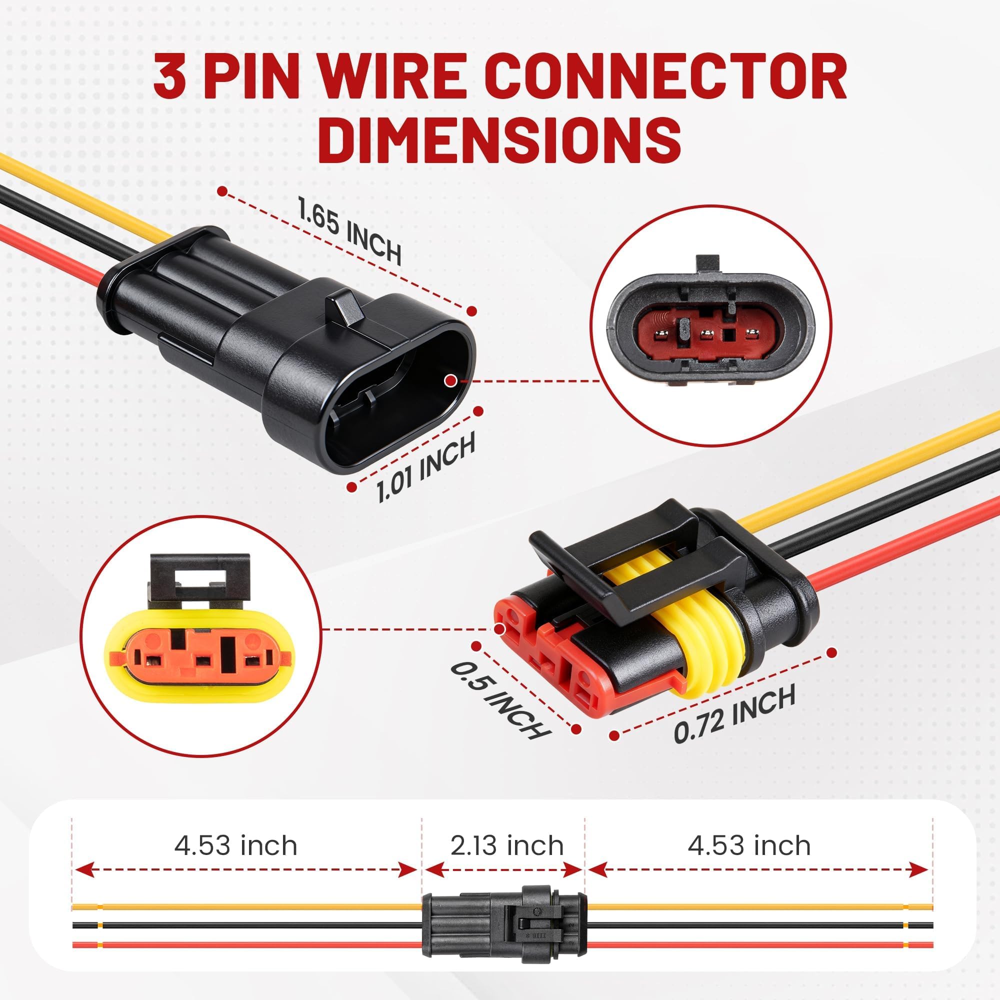 Red Wolf 5-set packaging of 3-pin waterproof connectors for automotive and marine use