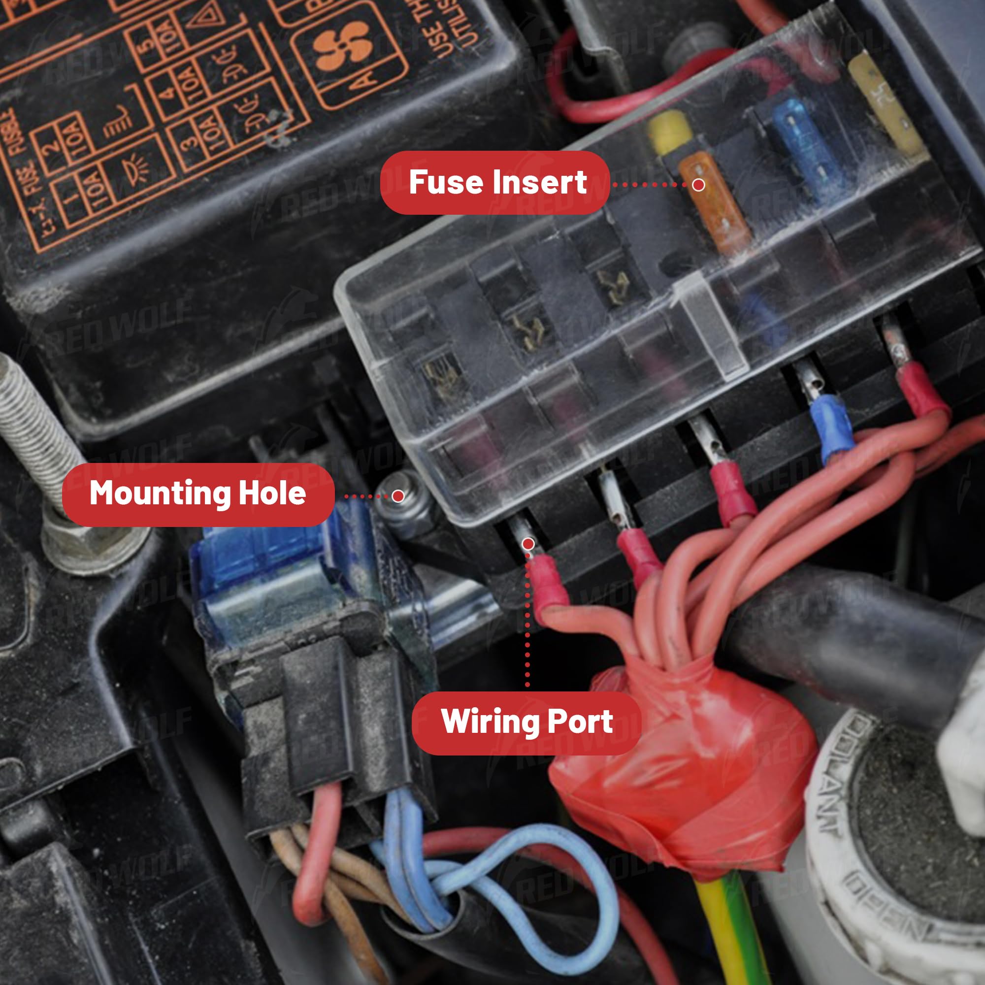 Red Wolf 6-way fuse block side view highlights compact installation