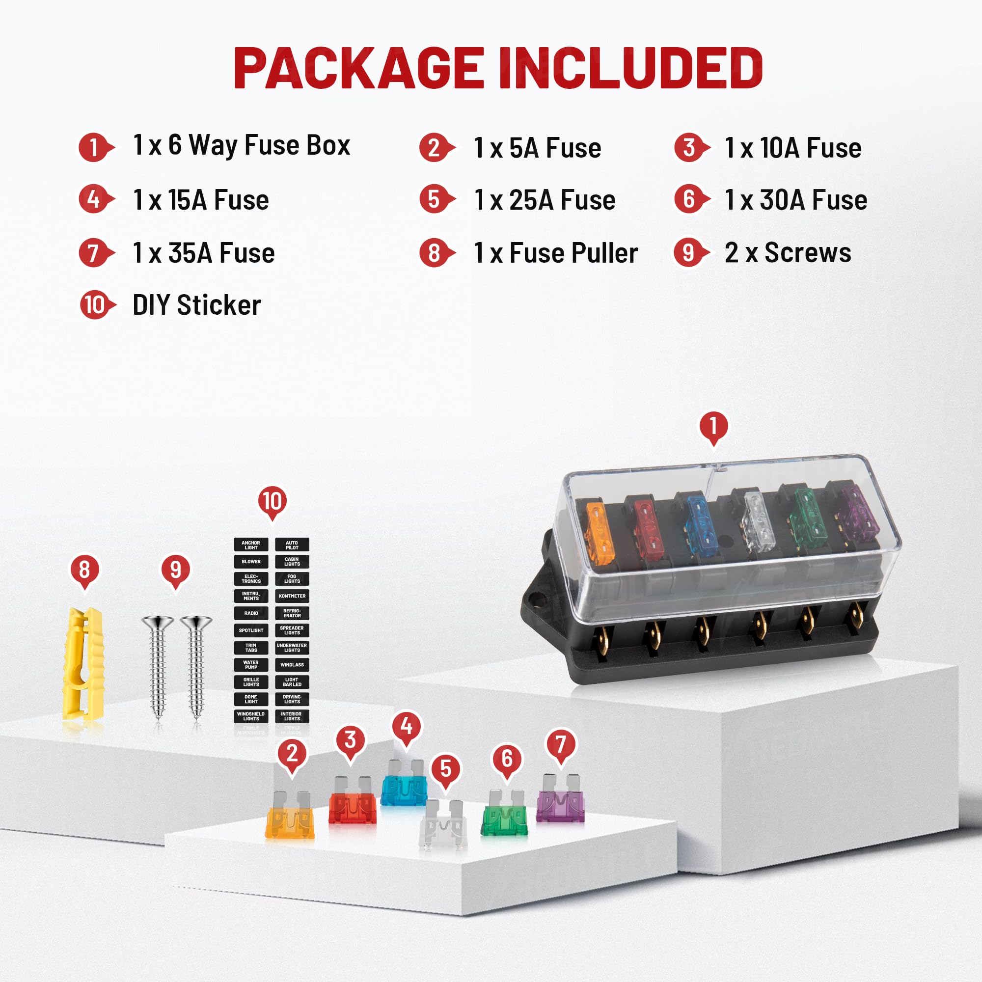 Red Wolf 6-way fuse block with fuses ready for immediate installation