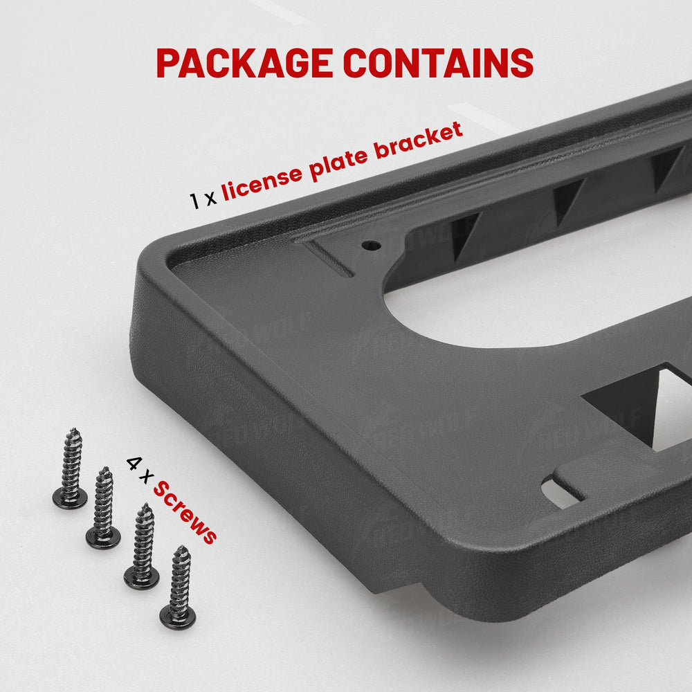 Red Wolf bracket fits standard 6x12 inch license plates on Ford F-150.