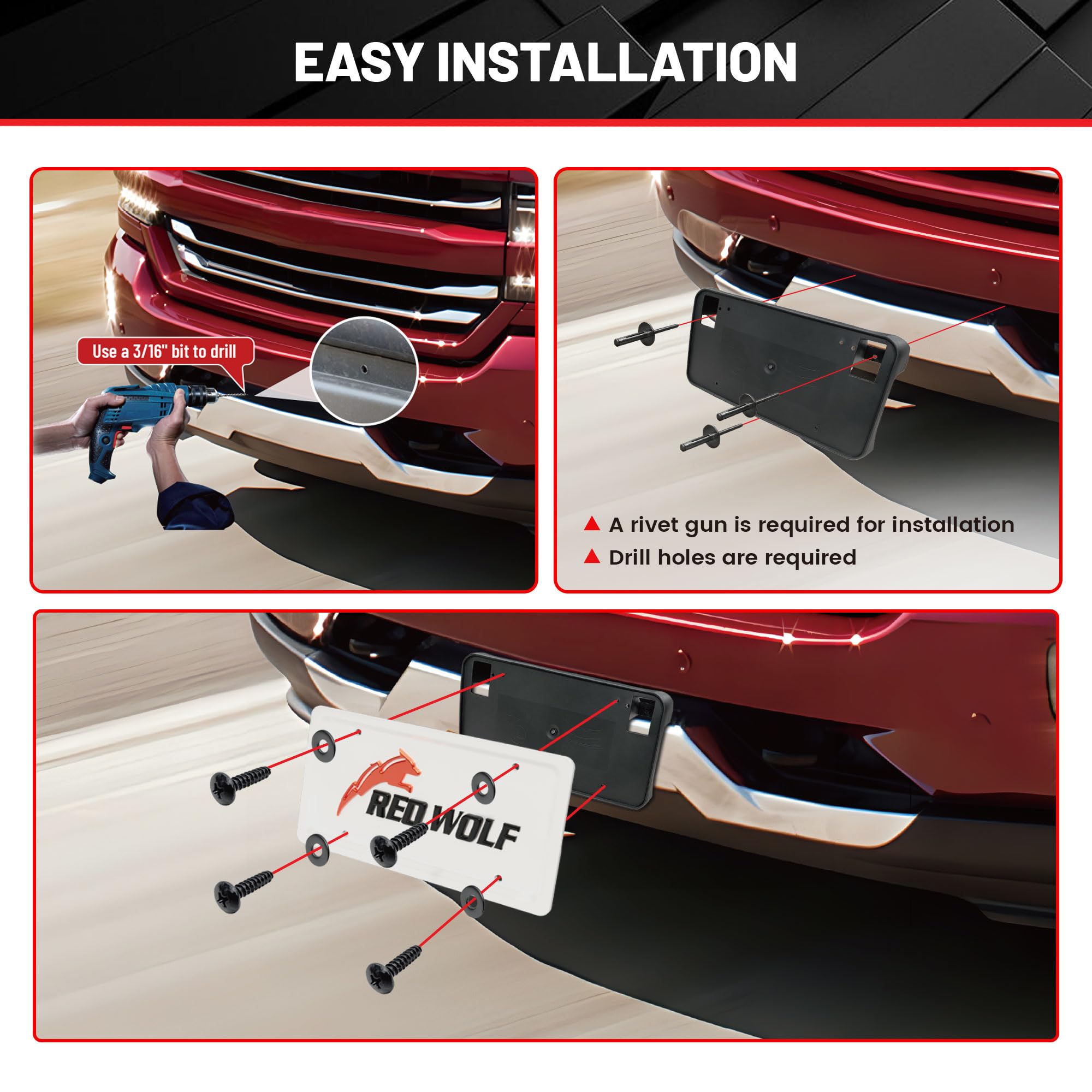 RED WOLF front bumper license plate holder with screws simplifies installation