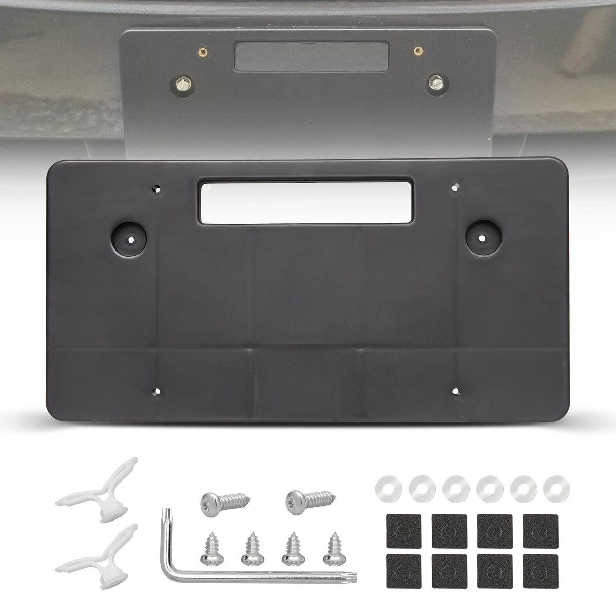 Red Wolf license bracket on WRX front bumper with round holes for easy mounting