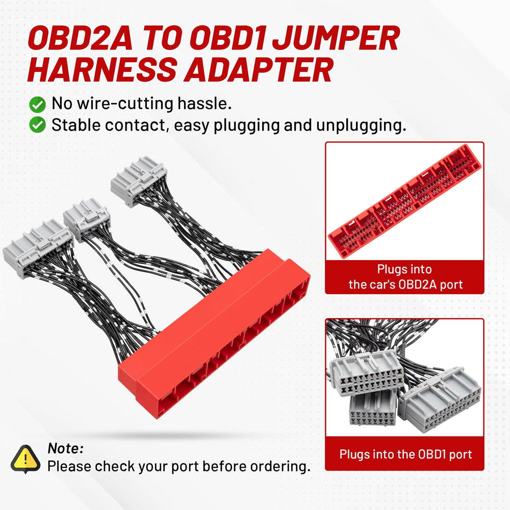 RED WOLF OBD2A to OBD1 harness port connection demonstrates plug-and-play readiness.