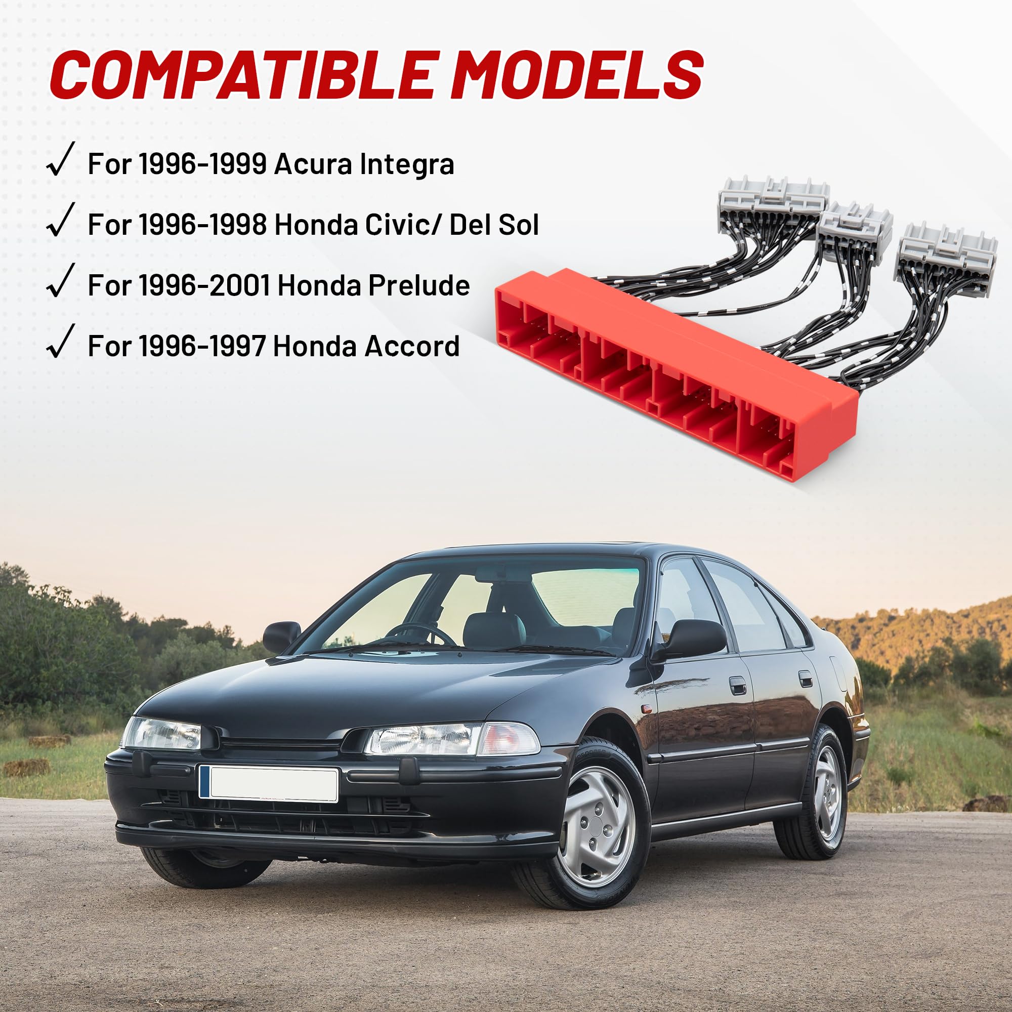 RED WOLF OBD2A to OBD1 harness side connector shown for reliable ECU bridging.