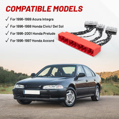 RED WOLF OBD2A to OBD1 harness side connector shown for reliable ECU bridging.