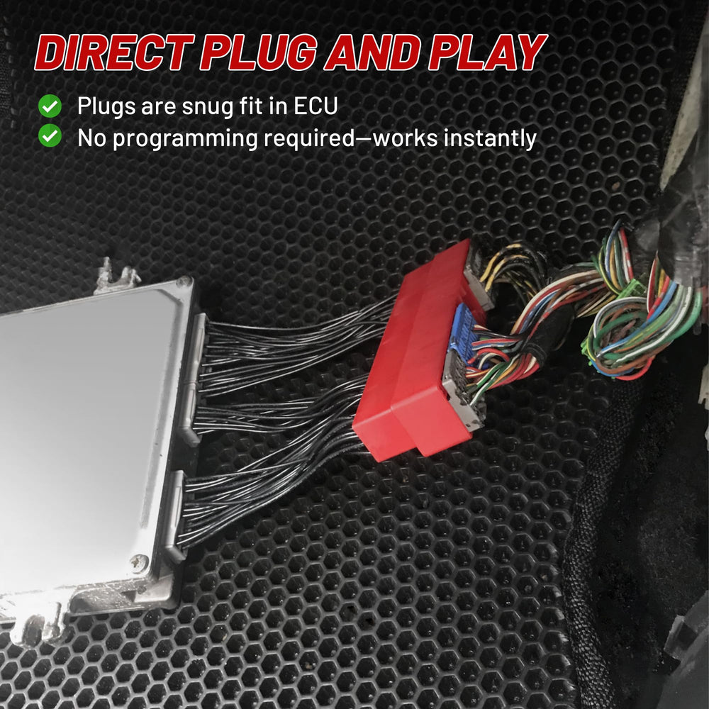 Red Wolf OBD2B to OBD1 jumper harness installation in progress showing wire routing