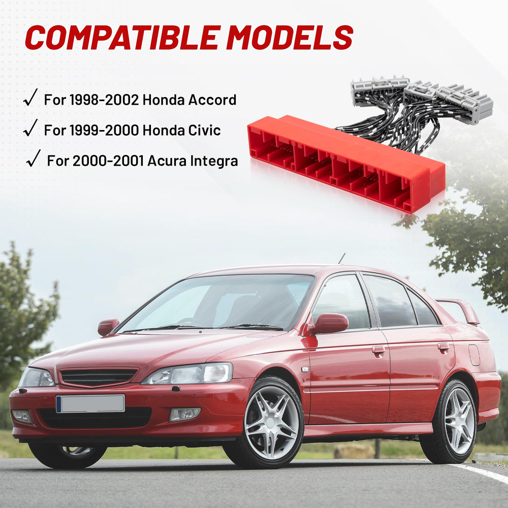 Red Wolf OBD2B to OBD1 jumper harness plug connection detail highlighting plug and play setup