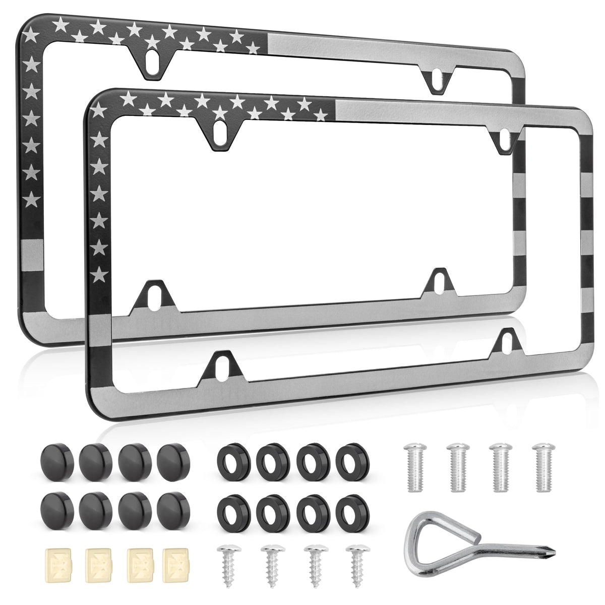 Red Wolf USA flag license frame front view shows patriotic style and stainless durability.