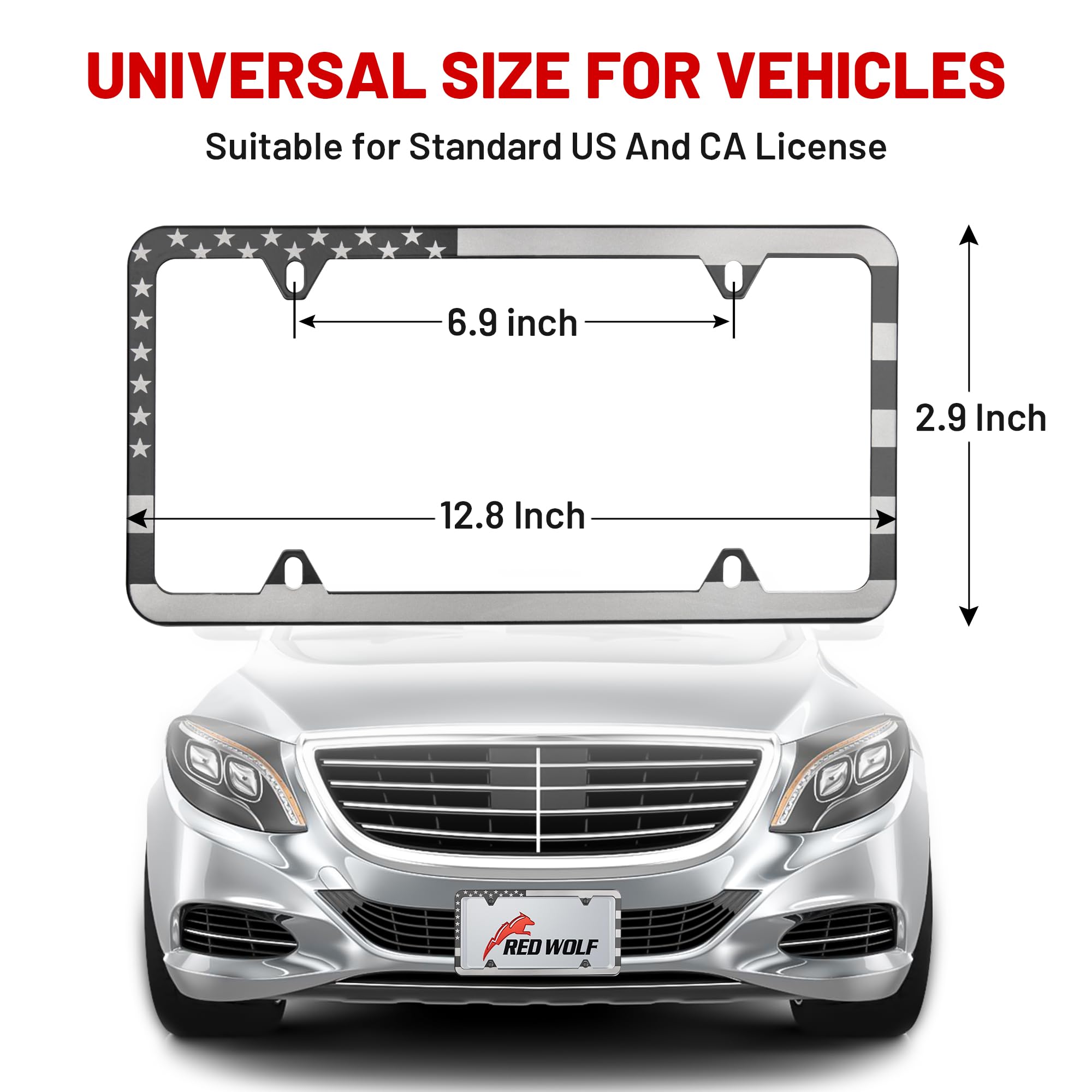 Red Wolf USA flag license frame rear view emphasizes compatibility with 4-hole mounts.