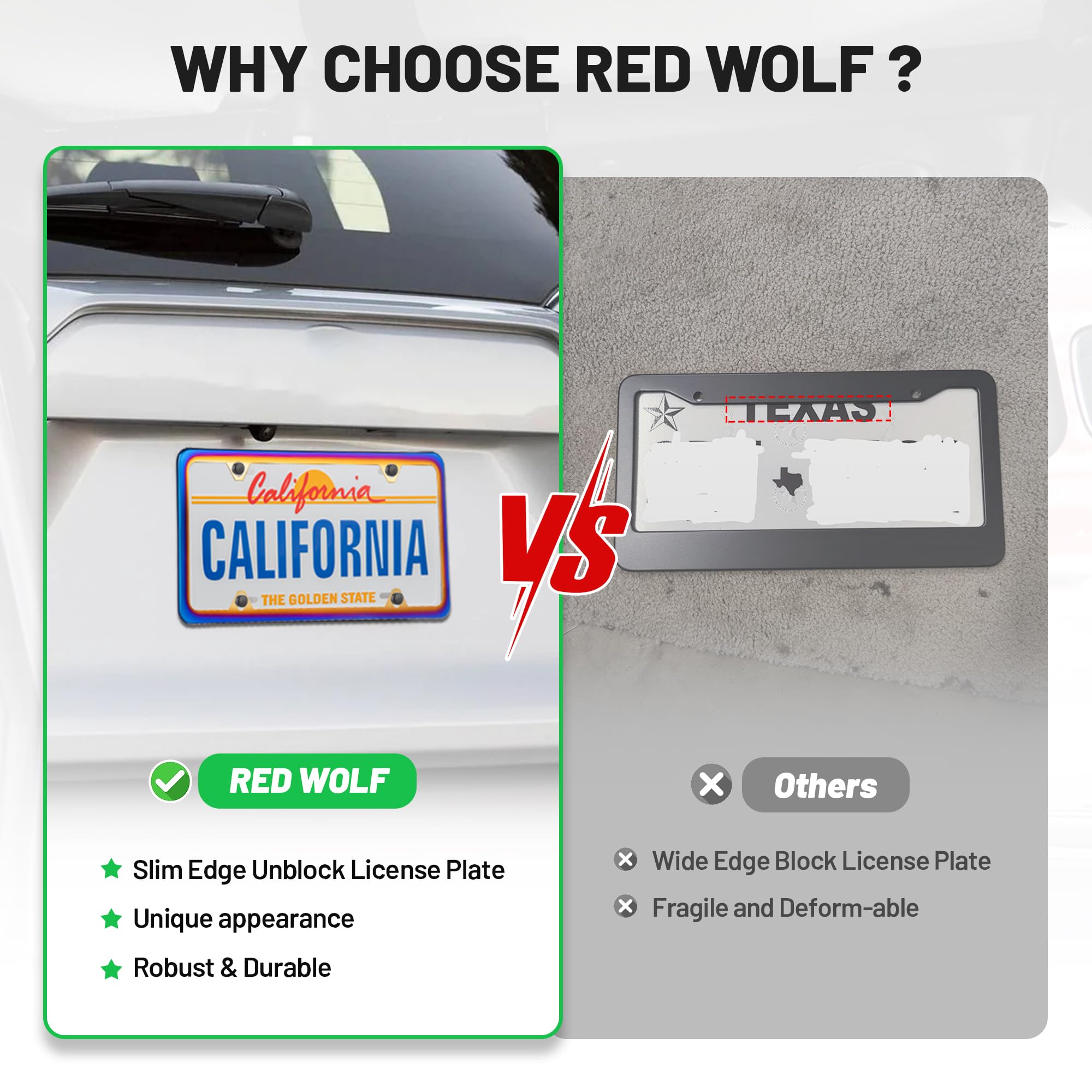 Red Wolf weather-resistant license frame detail highlighting durability