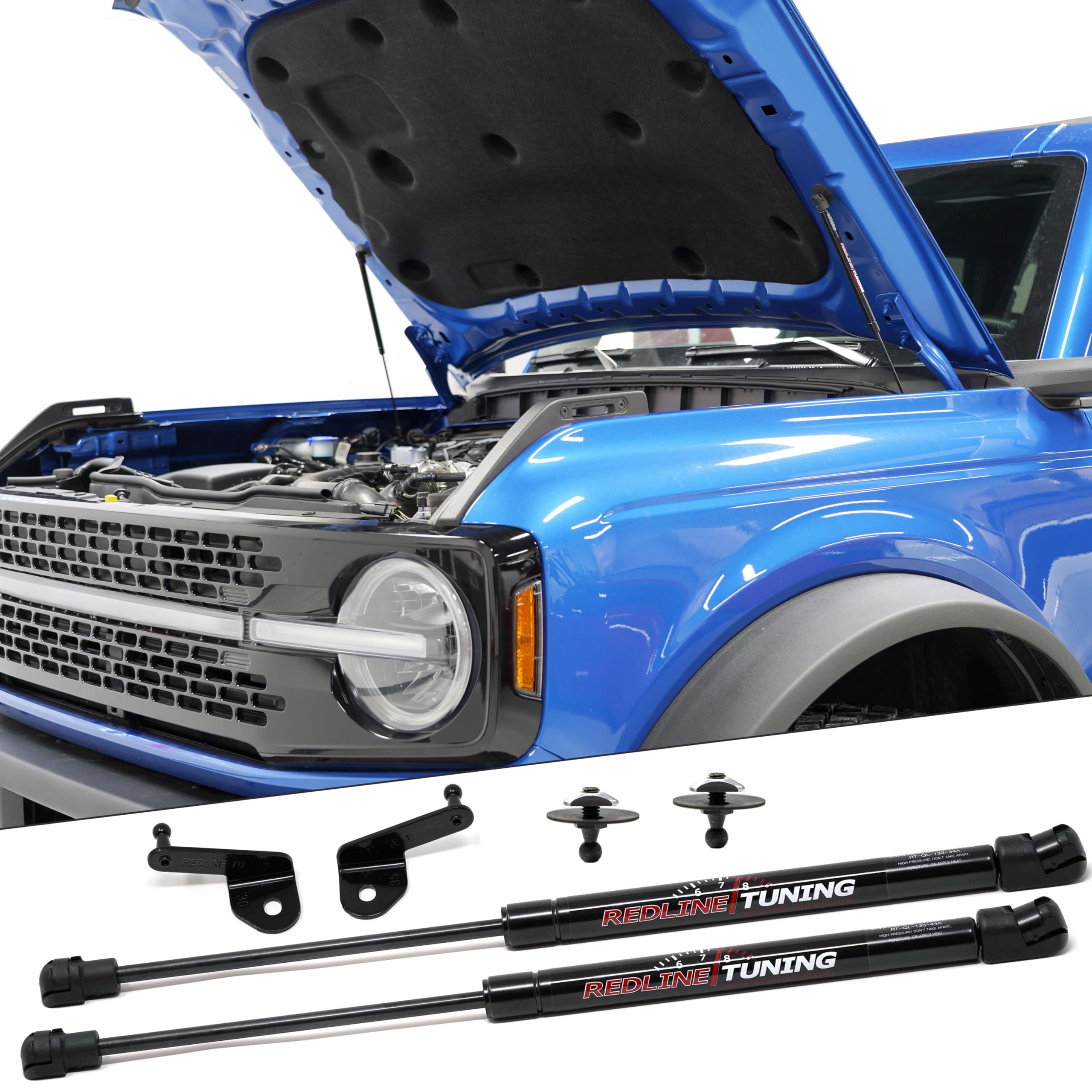 Redline Tuning Hood Maxlift Plus on Ford Bronco with 8-inch clearance.
