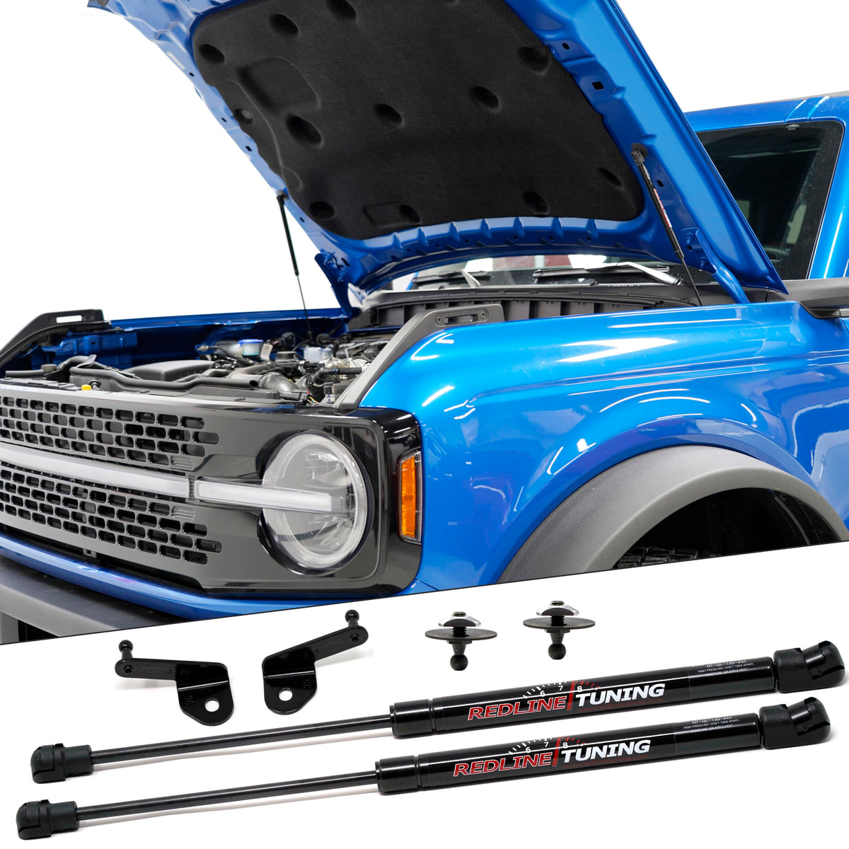 Redline Tuning Hood Maxlift Plus on Ford Bronco with 8-inch clearance.