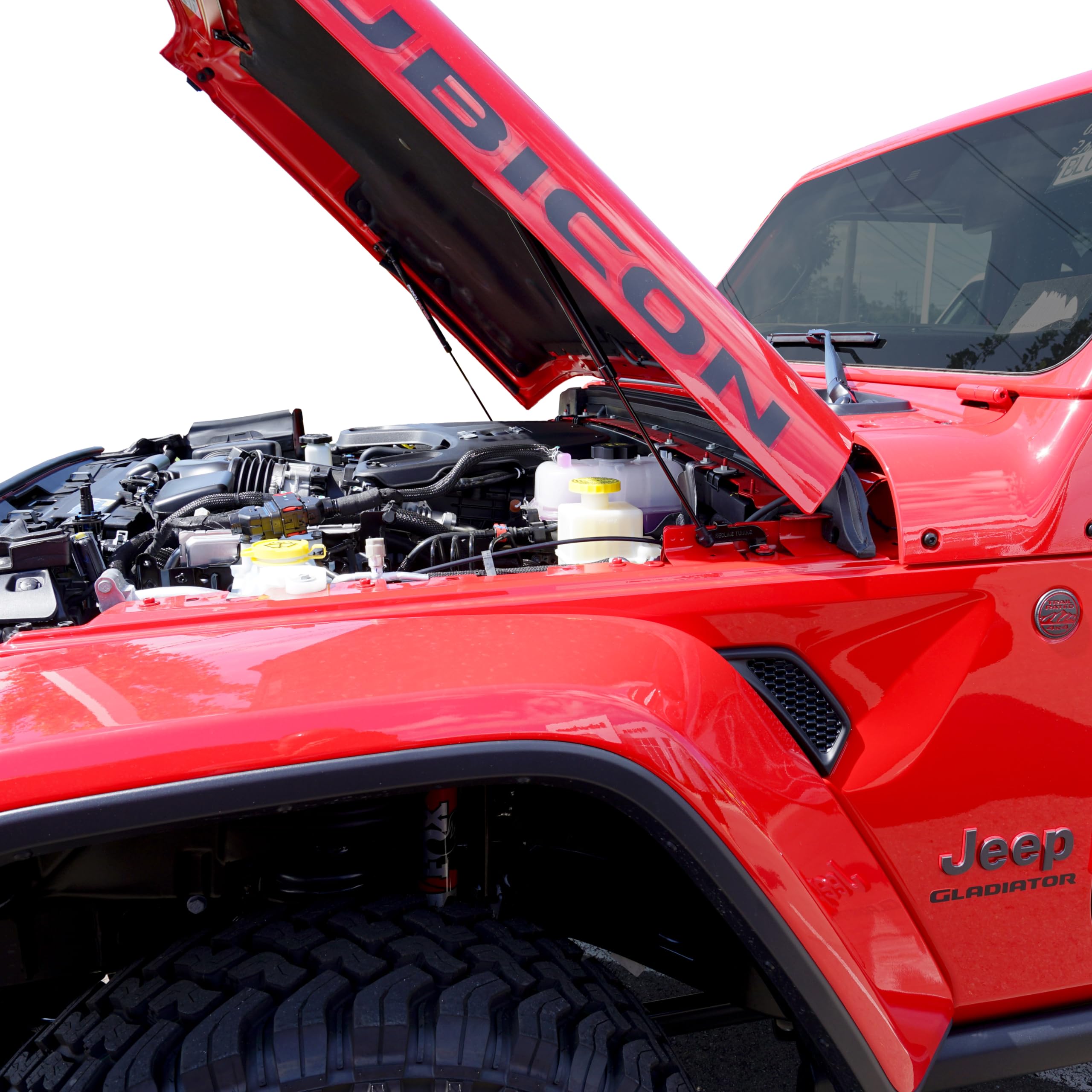 Redline Tuning Hood Quicklift Plus on Jeep Gladiator JT with aluminum hood installation.