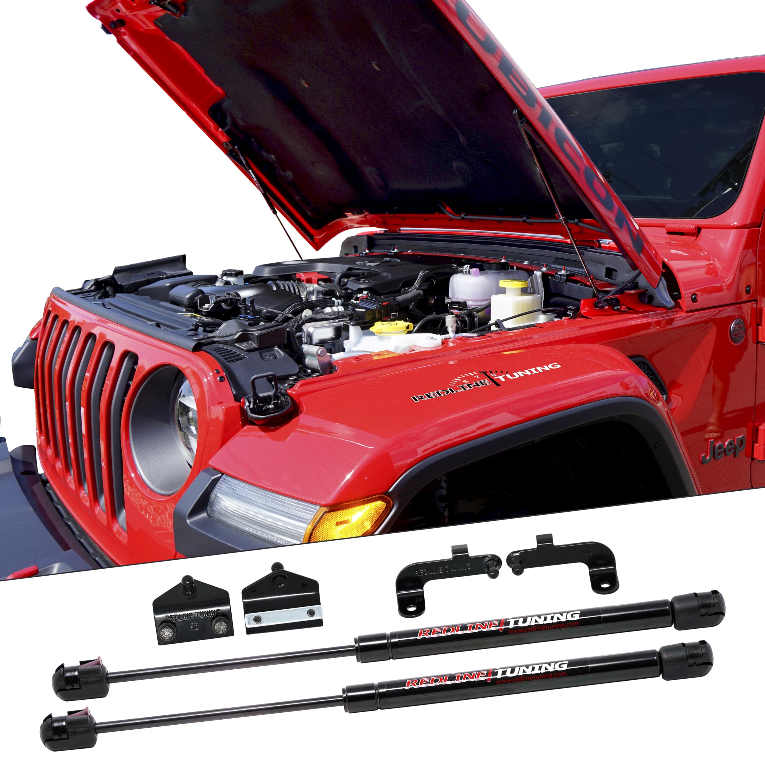 Redline Tuning Hood Quicklift Plus installed on Jeep Wrangler JL for easy engine bay access.