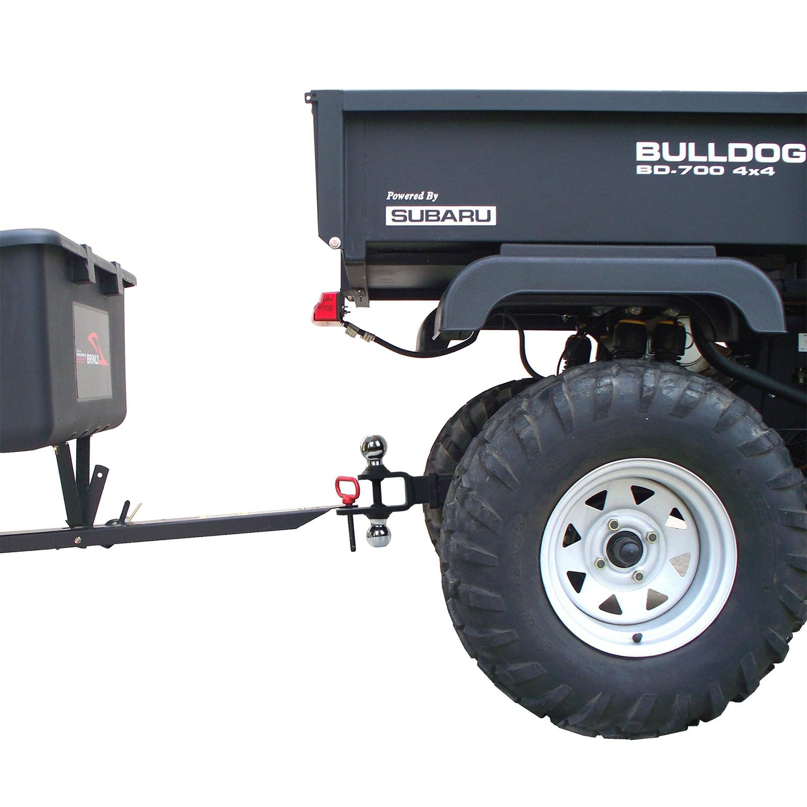 REDTEE dual-hitch system supports yard trailers and recovery use.