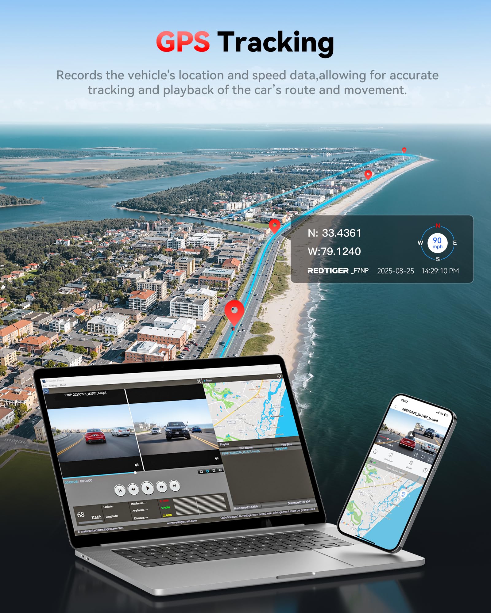 REDTIGER app on smartphone with fast 5.8GHz Wi‑Fi transfer and playback
