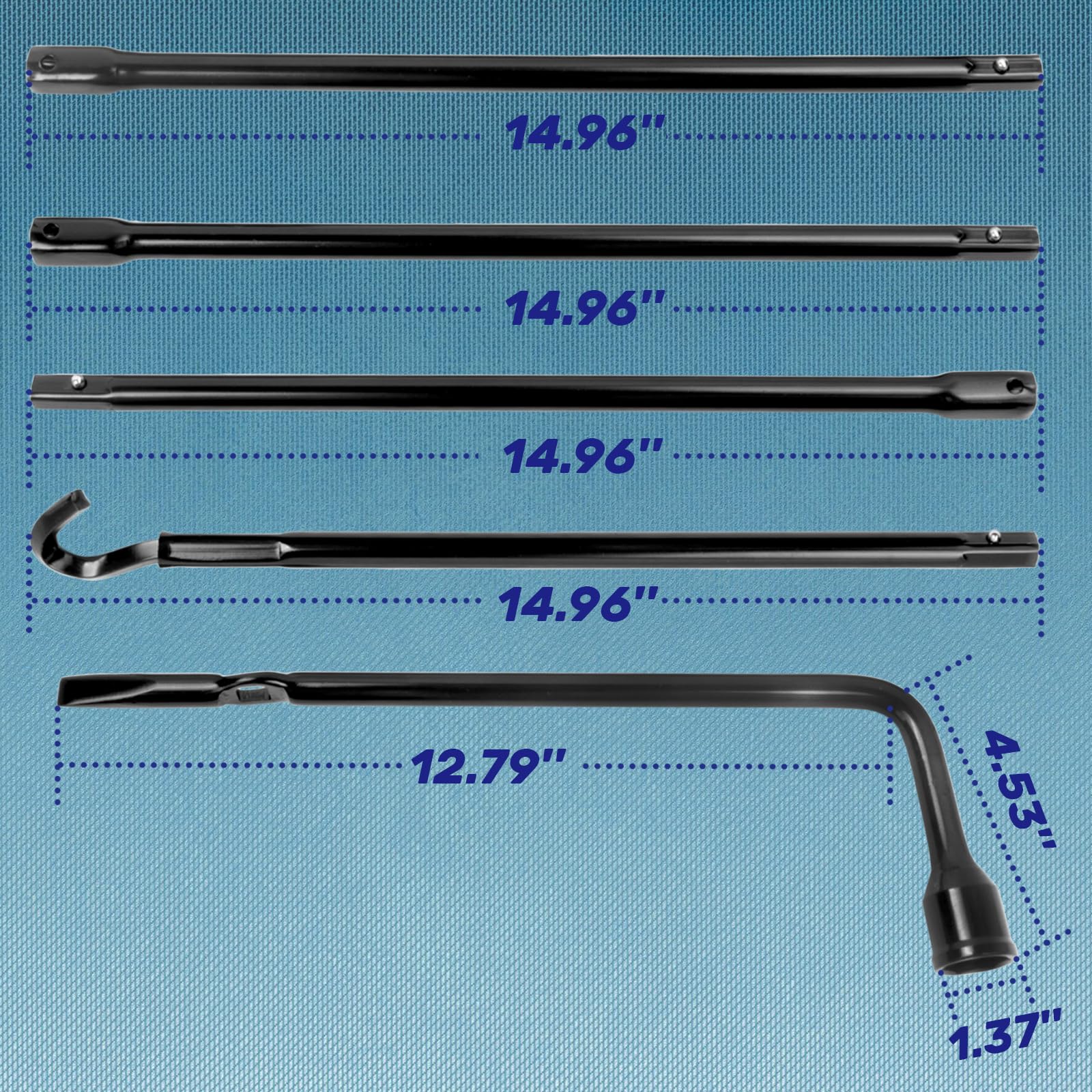 Reeauto wheel lug wrench with extension segments laid out clearly.