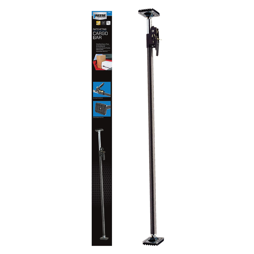 Reese Towpower ratcheting cargo bar in 40–70 inch setup secures cargo during transit.