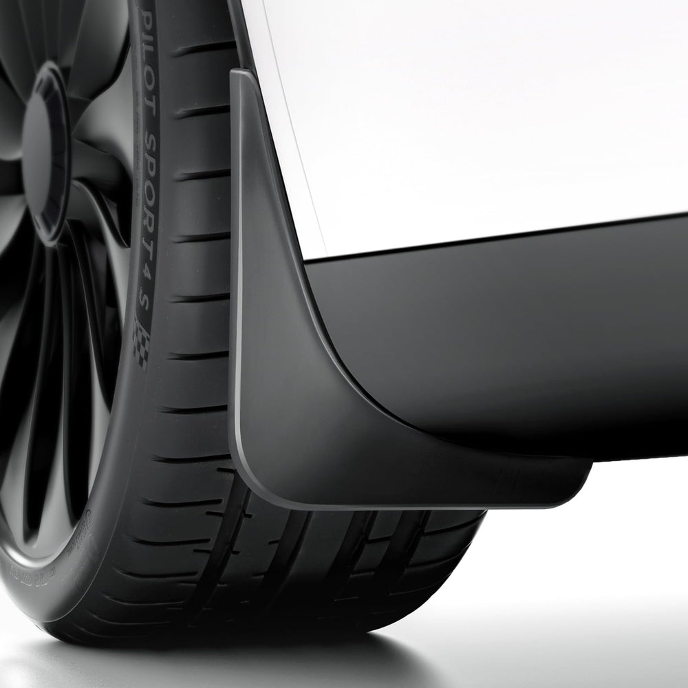 REEVAA mud flaps for Model Y Juniper – front left view protects paint from spray.