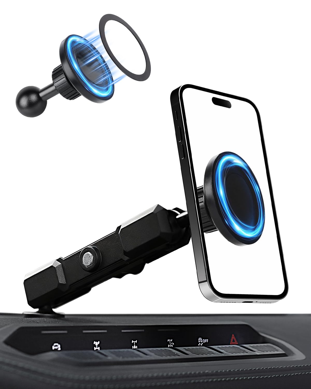 Reform Design aluminum phone mount on Bronco dashboard for a secure, OEM look.