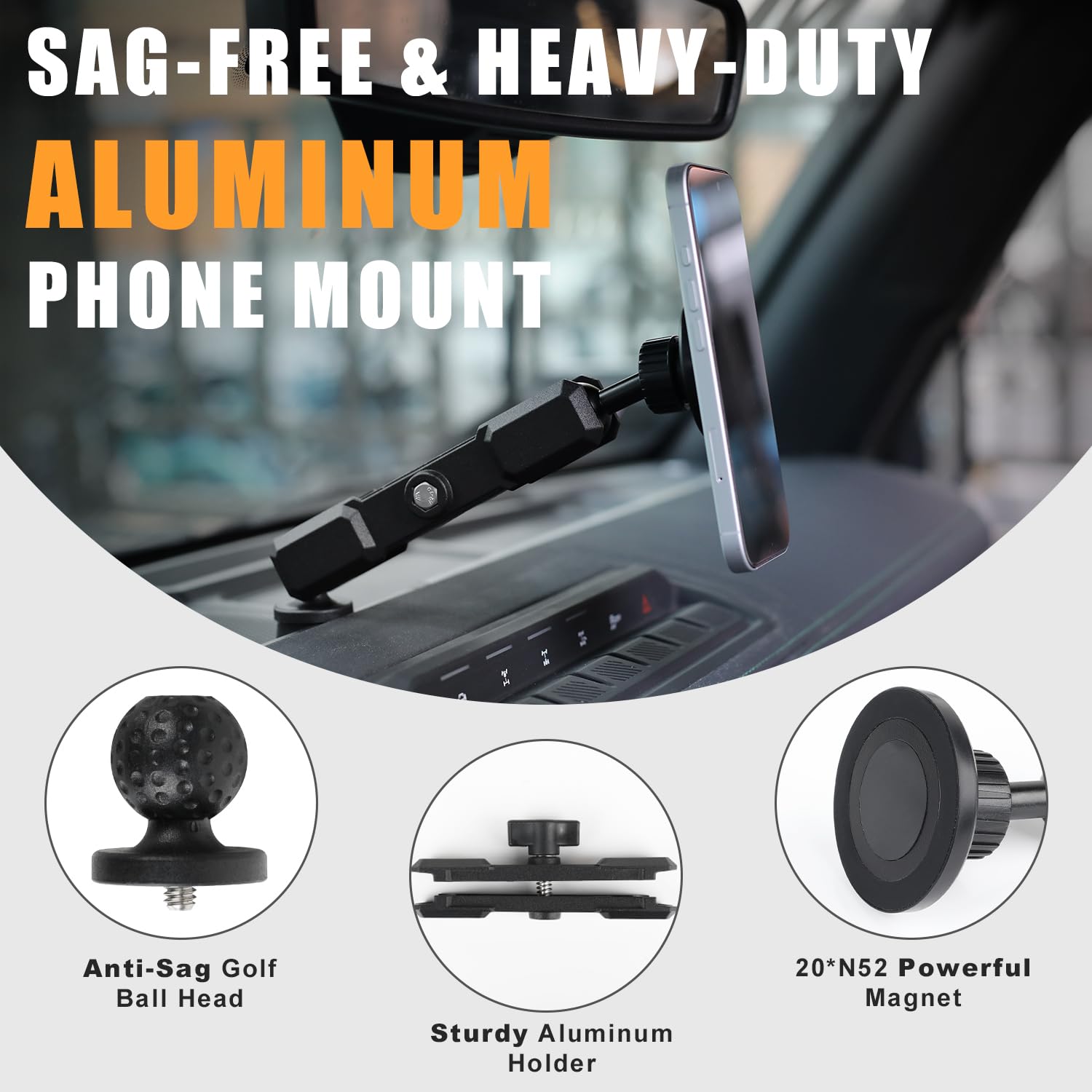Reform Design anti-sag golf-ball head keeps the screen steady on rough terrain.