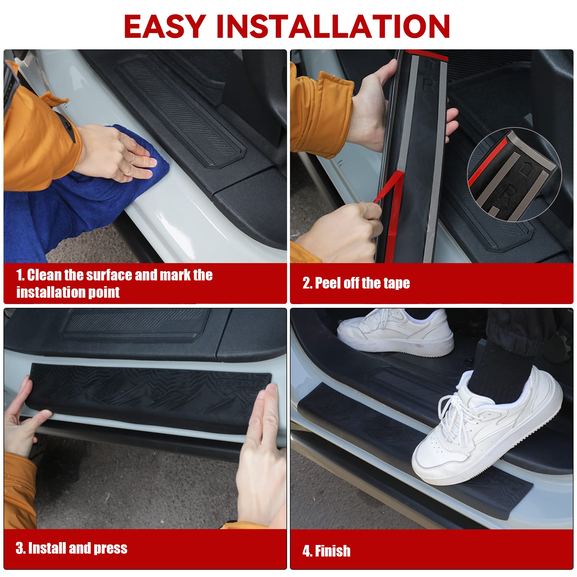 REFORM DESIGN door sill guard installation demonstrating peel-and-stick method