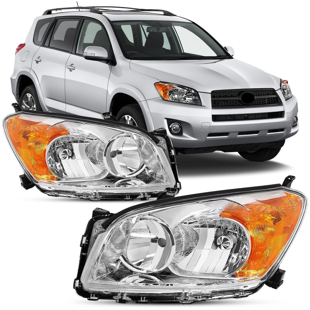 Reinko headlight for Toyota RAV4 with amber chrome driver side, improves night visibility.
