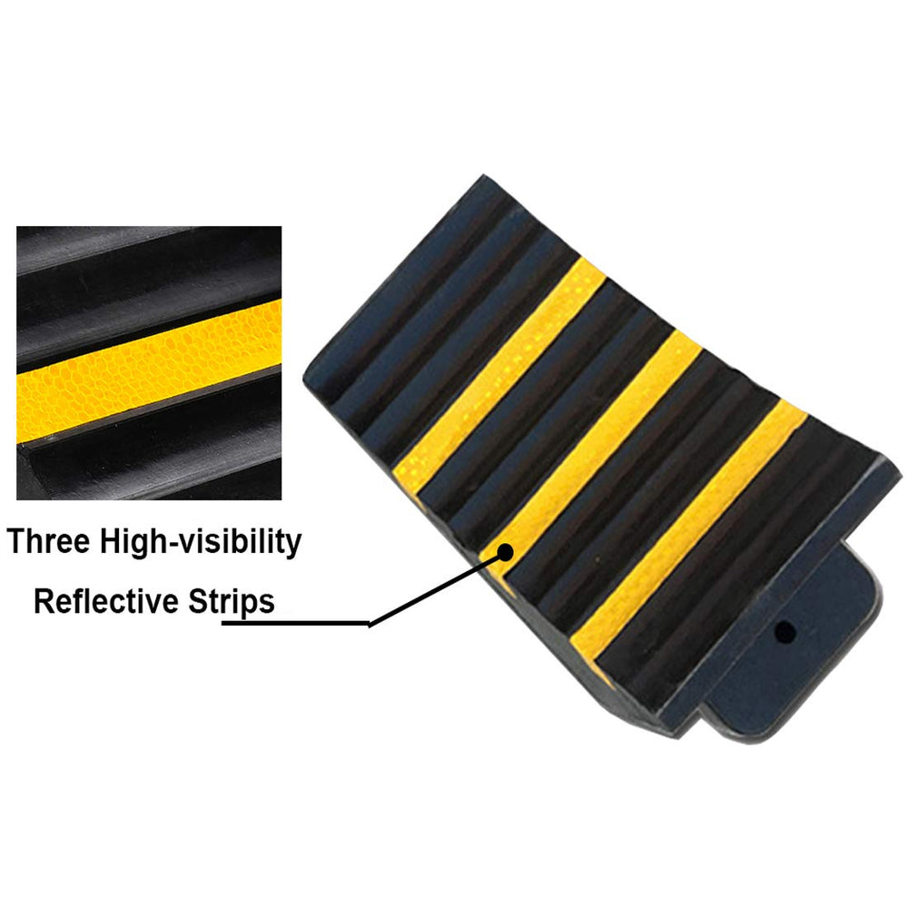 RELIANCER wheel chocks showing reflective strips for high visibility