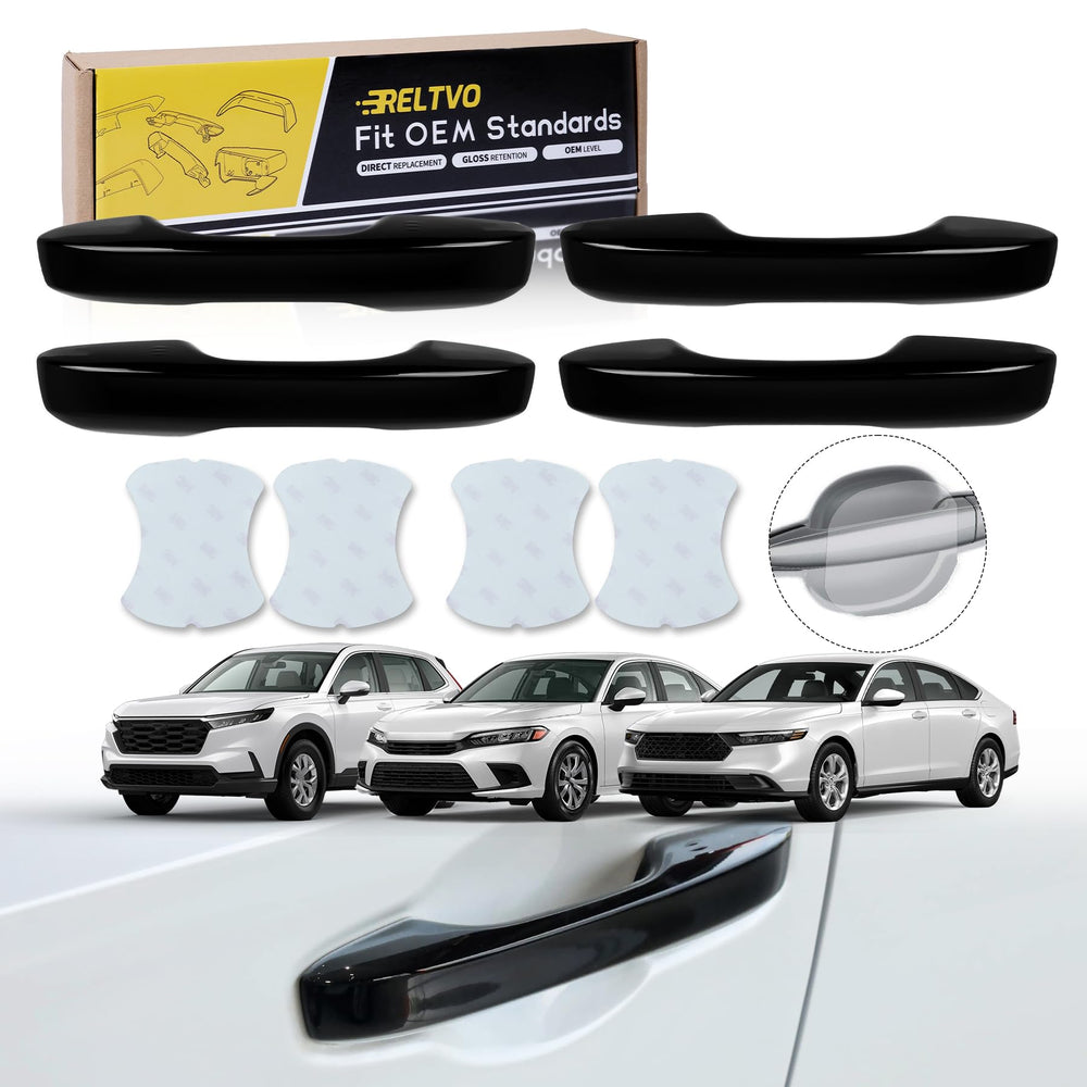 Reltvo door handle cover on Honda Civic front, glossy black finish enhances exterior style